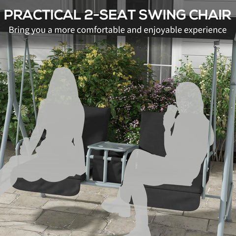 Two Person Porch Swing With Stand And Canopy Outdoor Swing With Pivot Storage Table And Cup Holders Cushions For Patio Backyard Black Weather Resistant Frame Easy Assembly And Chill Vibe For Sunsets with two silhouettes seated