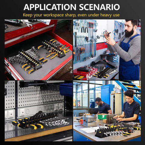 Multiple views of a Magnetic Modular Wrench Organizer Set with Wrench Holder and Drawer Rack in various workshop settings.