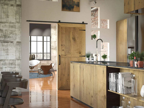 Kitchen with barn door featuring Rustic Decorative Forged Iron False Hinge For Barn Doors, Matte Black Finish, 8 1/16 Inch Length.