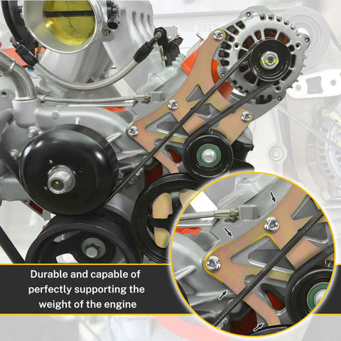 LS Swap Hero Bracket Kit Delivers a Slick Serpentine System With Rad 180 Degree Alternator Rotation to Keep Your Power Steering Pure Cool on LS1 LS2 LS3 LS6 LS7 Engines Spanning 4.8 to 6.2 Liters, showing durable aluminum mounting with belt system.