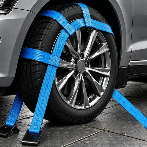 Heavy Duty Tow Dolly Basket Straps With Flat Hook 10000 Lbs Break Strength securing a car wheel with blue straps.