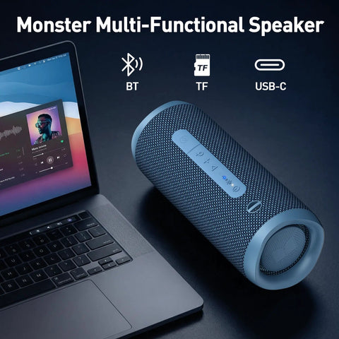 Beast 60W Portable Outdoor Bluetooth Speaker With True Wireless Stereo, Dual Pairing, IPX8 Waterproof shown next to a laptop