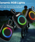Outdoor Bluetooth Speaker with IPX7 Waterproof Rugged Build and RGB Lights for travel, biking, showing dynamic RGB lighting.