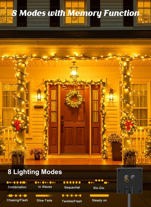 Two Pack 80 Foot 200 LED Solar String Lights Outdoor Waterproof With Eight Modes Auto On Off Warm White on house porch