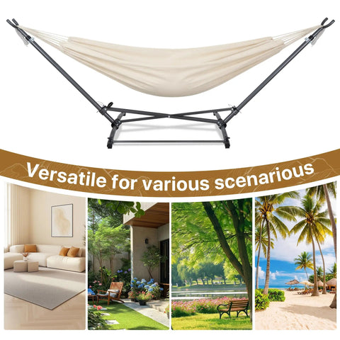 Portable Hammock With Folding Stand Heavy Duty Steel Frame For Indoor And Outdoor Use Three Height Settings 550 Lbs Weight Capacity Includes Carrying Bag Off White Rust Resistant Easy Setup For Backyard Lounging shown in various locations.