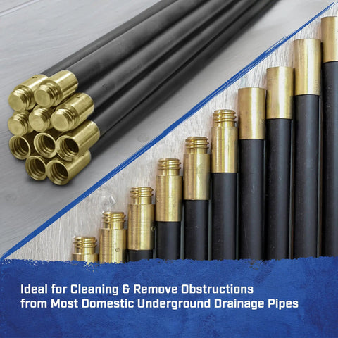 Heavy Duty Drain Cleaning Rods 9 Meters Long With Ten Flexible Interlocking Tubes Rust Proof Brass Couplings and a Spiral Auger Attachment.