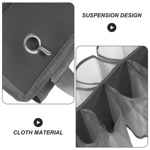 Heavy Duty Hanging Closet Organizer And Dual Purpose Door Panel Rack For Leggings Pants Towels And Sneakers With Secure Fabric Hooks showing suspension design and cloth material.