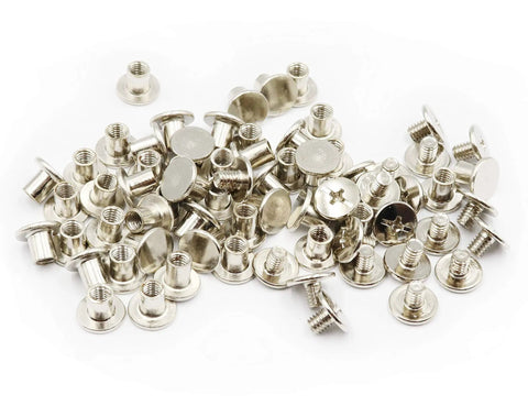 Heavy Duty Nickel Plated Chicago Screws 100 Sets M5 X 6mm Binding Screw Posts for Leathercraft, showing metal screw posts with flat heads.
