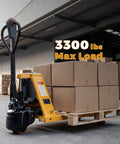 Heavy Duty Electric Pallet Jack 3300 Lbs Load Capacity With Dual Lithium Batteries For No Sweat Warehouse Material Handling And All Day Run Time On Forty Eight Inch Forks with stacked boxes.