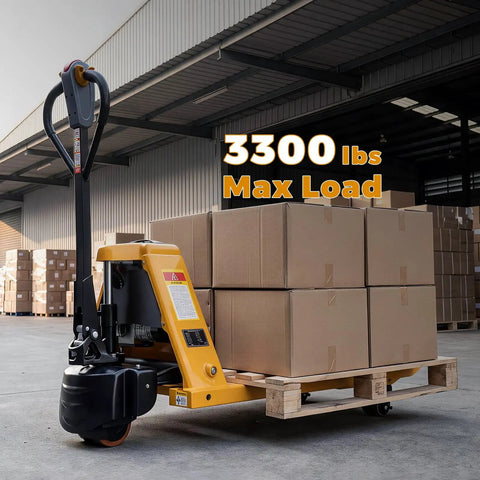 Heavy Duty Electric Pallet Jack 3300 Lbs Load Capacity With Dual Lithium Batteries For No Sweat Warehouse Material Handling And All Day Run Time On Forty Eight Inch Forks with stacked boxes.