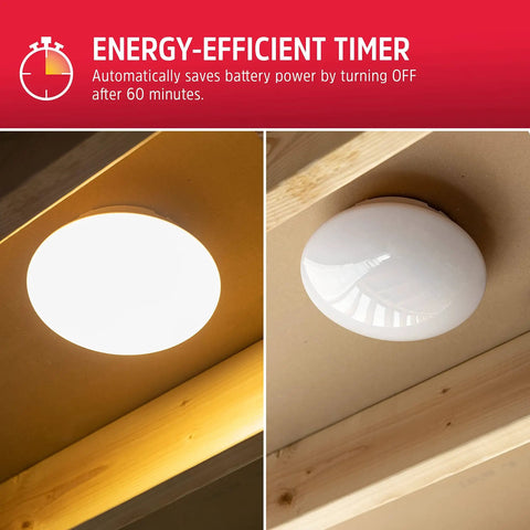 Cordless LED Ceiling Light With Wireless Remote Control 300 Lumens Of Diffused Bright White Light No Wiring Needed Energy Efficient Fixture For Closets Laundry Rooms Garages Sheds And More shown in installed view on ceiling