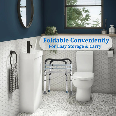 Heavy Duty Toilet Safety Rails For Seniors And Elderly Sturdy Aluminum Bathroom Handle Frame next to toilet for easy access.