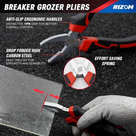 Breaker Grozer Pliers made of drop forged high carbon steel with anti-slip handles, suited for stained glass work.