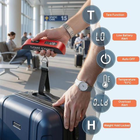 Portable Digital Luggage Scale For Travelers Keep Suitcases Baggage Fee Free And Make Boarding A Breeze Every Time A Solid Ace In The Bag For Airport Weight Checks With One Hundred Ten Pound Max Capacity And Slim Profile, measuring suitcase weight in airport.