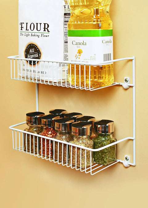 Slick Two Tier Wall Rack For Cabinet Doors And Walls, Heavy Duty Epoxy Coated Steel Storage Shelf In Crisp White holding spices and oils.