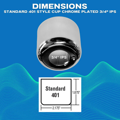 Adjustable Fire Sprinkler Escutcheon Cup Standard 401 Style Pendant Trim Chrome Plated Steel 3/4 IPS with dimensions on blue background.