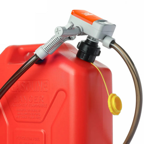 No Strings Attached Cordless Fuel Transfer Pump With Auto Stop For Gas Cans And Oil Jugs 3.5 GPM attached to red gasoline can.