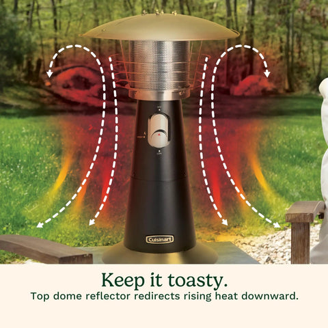 Portable Tabletop Propane Patio Heater With 11,000 BTU Power Adjustable Heat Safety Tilt Switch Burner Screen Guard Heats Up To 30 Sq Ft Black Outdoor Heater For Chill Nights outdoors on a patio.