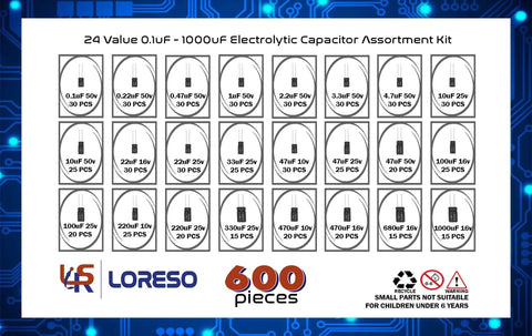 Image of Badass Electrolytic Capacitor Assortment Kit 600 Pieces 24 Values 0.1uF To 1000uF At 50V details and specifications.