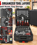 Top Shelf 899 Piece Rolling Toolbox Set With Four Deep Compartments For Tough Home Repairs Garage Mods Diy Fixes And Everyday Handyman Grindin In Sleek Black Finishing, showcasing organized tool layers.