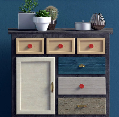 Killer Vintage Floral Daisy Ceramic Drawer Knobs For Dressers And Cabinets Six Piece Red Knob Set With Screws No Sweat Swap displayed on modern dresser.