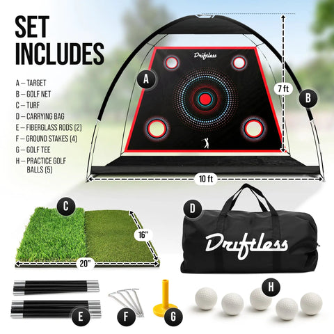 Full Swing Golf Practice Net 10x7 Ft for Backyards and Indoor Hitting with mat, net, carry bag and accessories displayed.