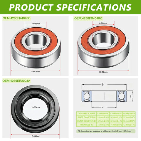 Heavy Duty Front Load Washer Tub Bearing And Seal Kit specifications with dimensions for OEM references 4280FR4048C, 4280FR4048K, 4036ER2003A.