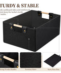 Heavy Duty Foldable Storage Baskets In Matte Black With Chunky Wood Handles Rectangle Linen Cube Organizer Box showing sturdy black fabric and wooden handles.