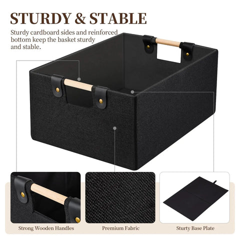 Heavy Duty Foldable Storage Baskets In Matte Black With Chunky Wood Handles Rectangle Linen Cube Organizer Box showing sturdy black fabric and wooden handles.