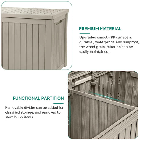 Massive 220 Gallon Outdoor Storage Deck Box With Divider Waterproof Lockable Resin Built Wood Look Brown Perfect For Patio Furniture And Garden Tools Organization showing removable divider and material details.