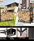 Outdoor Firewood Rack With Heavy Duty Eight-Leg Frame And 4-Foot Width holding logs, shown on patio and inside living room.