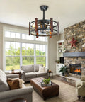 Living room with Enclosed Cage Ceiling Fan With Remote Control And Light, Rustic Farmhouse Flush Mount Fandelier For Dining Room.