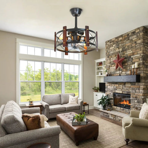 Living room with Enclosed Cage Ceiling Fan With Remote Control And Light, Rustic Farmhouse Flush Mount Fandelier For Dining Room.