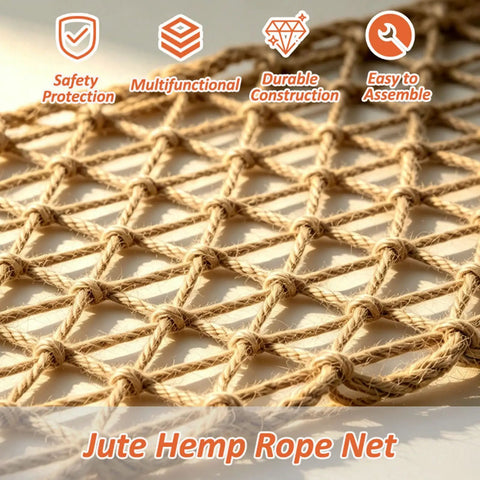 Heavy Duty Natural Jute Hemp Rope Net for Balcony and Stair Rails, 8mm weave, durable safety barrier for kids.