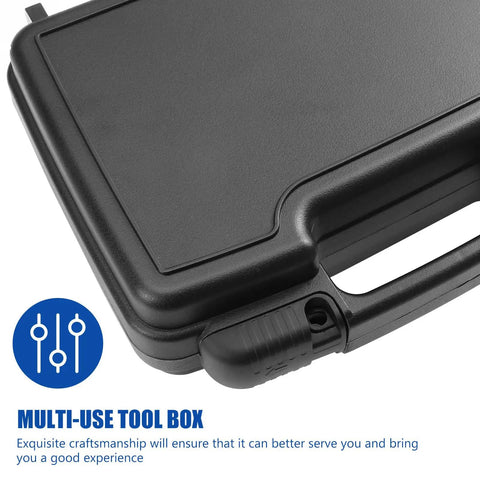 Rock Solid Portable Plastic Toolbox Organizer With Reinforced Carrying Handle Built For Weekend Warriors And Licensed Electricians Provides Hella Convenient Organization Inside An Unbreakable Hard Storage Case with a solid black exterior and side handle.