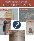 Image of common construction issues such as ceramic tiles falling off, floor damage, wall cracks, and brick leakage.