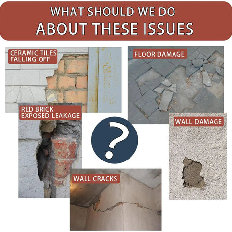 Image of common construction issues such as ceramic tiles falling off, floor damage, wall cracks, and brick leakage.
