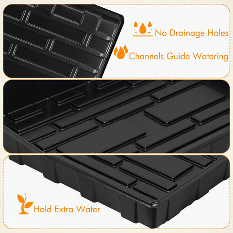Close-up of black plastic seed tray with no drainage holes, part of 10 Pack Seed Trays For Seed Starting And Microgreens Reusable Plastic Plant Trays With No Drain Holes Ideal For Indoor Gardening And Greenhouse Nurseries Stackable 17.3 By 13 Inches Includes Dibber And Widger.