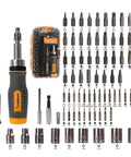 Seventy Seven Piece Ratcheting Screwdriver Bit And Socket Kit With Heavy Duty Carry Case showing 77 pieces including bits and sockets.