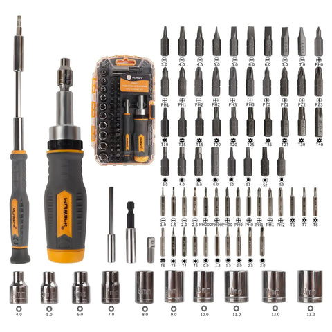 Seventy Seven Piece Ratcheting Screwdriver Bit And Socket Kit With Heavy Duty Carry Case showing 77 pieces including bits and sockets.