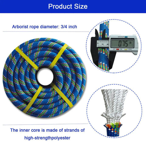 Heavy Duty 3/4 By 50 Foot Double Braided Polyester Arborist Rigging Rope - Blue with measurement details.