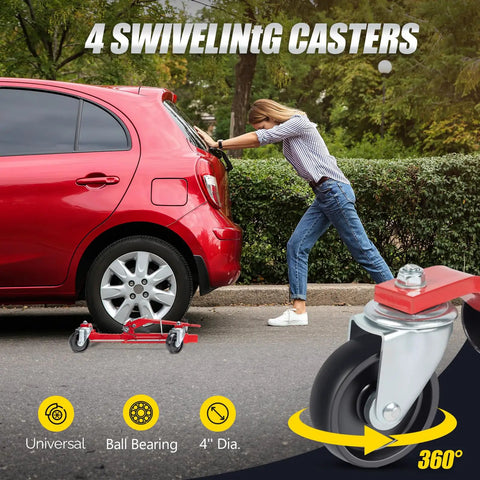 Heavy Duty Car Wheel Dolly Set Of Four For Rolling Loaded Rides With Six Thousand Lb Capacity Anti Slip Foot Pedal and Smooth Three Sixty Swivel Casters for SUV Truck Shop Jobs with a person pushing a red car.