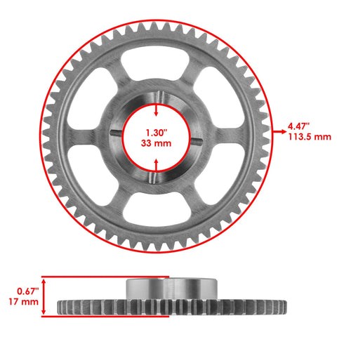 Badass Heavy Duty Starter Clutch Gear Idler And Needle Bearing One Way Roller Kit with detailed measurements on gear.