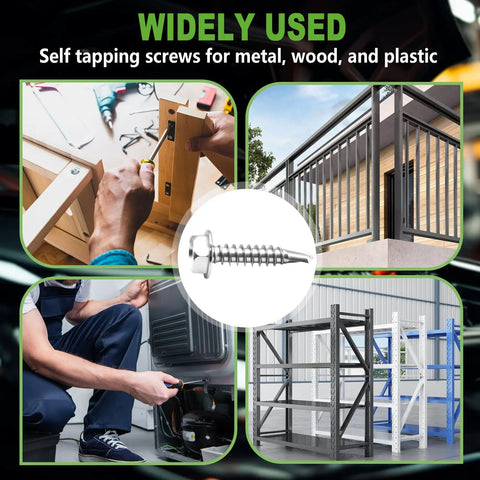 Pro Grade Hex Washer Head Self Drilling Screws And Tapping Fasteners From Tough 410 Stainless Steel With 300 Piece Assorted Kit Plus Matching Washers In A Clear Case For Smooth Metal Jobs shown in use on metal, wood, and plastic surfaces.