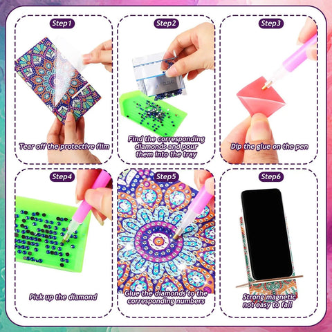 6-step process for using the 4 Pack Large Mandala Diamond Painting Phone Stand Kit 5.5 Inch DIY Full Drill Crystal Diamond Art Phone Holder Bling Craft Set For Beginners And Adults Creative Home Phone Accessory.