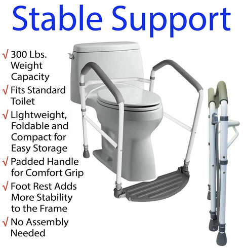 Hassel Free Folding Toilet Safety Frame And Super Solid Portable Bathroom Handrail With Comfy Foam Armrests for stable support by toilet.