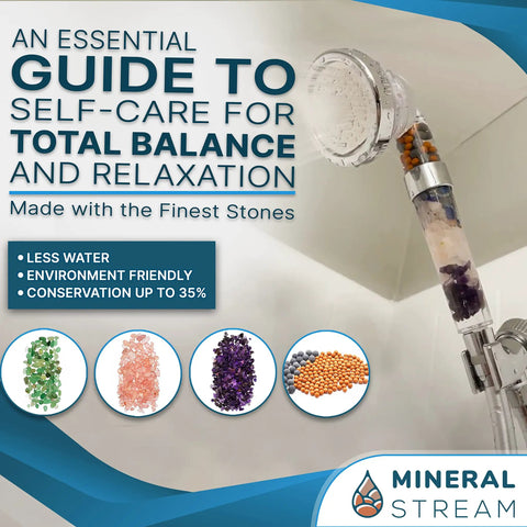 Chakra Showerhead Kit With Replacement Beads, Natural Therapeutic Crystals, Shower Arm Diverter, And 1.5m Hose For Spa Like Luxurious Shower Experience with beads displayed.