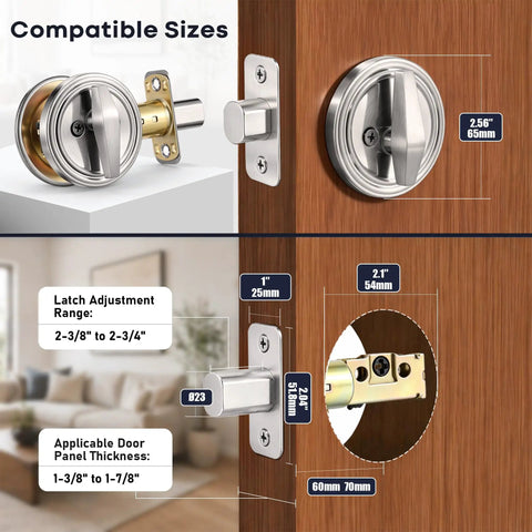 Keyless Deadbolt Lock With Double Plate And Satin Nickel showing detailed dimensions and compatibility for secure patios and doors.