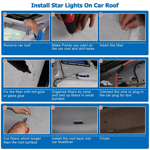 Installation steps for Twinkle And Sound Activated Fiber Optic Star Ceiling Kit For Cars And Indoor Spaces, 150 strands.