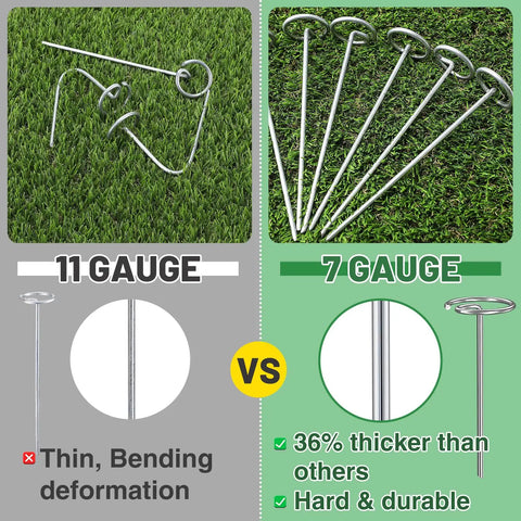 Comparison of 11 gauge thin landscape staples and Heavy Duty 7 Gauge Thickened Garden Fabric Stakes 6 Inch Galvanized Landscape Staples